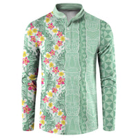 Menthol Green Aloha Hawaii Tiki Button Sweatshirt Tropical Plumeria - Seamless Style