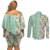 Menthol Green Aloha Hawaii Tiki Couples Matching Off Shoulder Short Dress and Long Sleeve Button Shirt Tropical Plumeria - Seamless Style