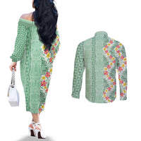 Menthol Green Aloha Hawaii Tiki Couples Matching Off The Shoulder Long Sleeve Dress and Long Sleeve Button Shirt Tropical Plumeria - Seamless Style