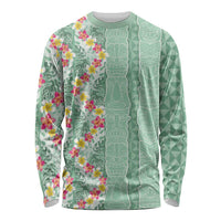 Menthol Green Aloha Hawaii Tiki Long Sleeve Shirt Tropical Plumeria - Seamless Style LT14 Unisex Green - Polynesian Pride