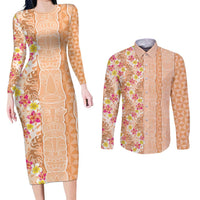 Orange Chiffon Aloha Hawaii Tiki Couples Matching Long Sleeve Bodycon Dress and Long Sleeve Button Shirt Tropical Plumeria - Seamless Style