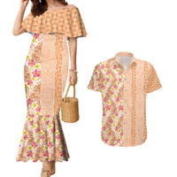 Orange Chiffon Aloha Hawaii Tiki Couples Matching Mermaid Dress and Hawaiian Shirt Tropical Plumeria - Seamless Style
