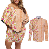 Orange Chiffon Aloha Hawaii Tiki Couples Matching Off Shoulder Short Dress and Long Sleeve Button Shirt Tropical Plumeria - Seamless Style