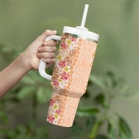 Orange Chiffon Aloha Hawaii Tiki Tumbler With Handle Tropical Plumeria - Seamless Style