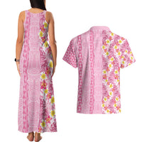 Pastel Magenta Aloha Hawaii Tiki Couples Matching Tank Maxi Dress and Hawaiian Shirt Tropical Plumeria - Seamless Style