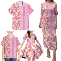 Pastel Magenta Aloha Hawaii Tiki Family Matching Puletasi and Hawaiian Shirt Tropical Plumeria - Seamless Style