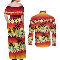 Tropical Islands Sunset Hawaii Couples Matching Off Shoulder Maxi Dress and Long Sleeve Button Shirt Go Surfing With Hula Girl - Summer Vibes LT14 - Polynesian Pride