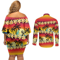 Tropical Islands Sunset Hawaii Couples Matching Off Shoulder Short Dress and Long Sleeve Button Shirt Go Surfing With Hula Girl - Summer Vibes LT14 - Polynesian Pride