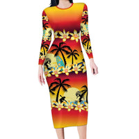Tropical Islands Sunset Hawaii Long Sleeve Bodycon Dress Go Surfing With Hula Girl - Summer Vibes LT14 Long Dress Red - Polynesian Pride