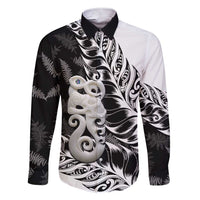 Aotearoa Manaia NZ Maori Silver Fern Family Matching Short Sleeve Bodycon Dress and Hawaiian Shirt LT14 Dad's Shirt - Long Sleeve Black - Polynesian Pride