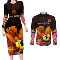 Gude Hi Hai Papua New Guinea Couples Matching Long Sleeve Bodycon Dress and Long Sleeve Button Shirt Motuan PNG Raggiana Bird of Paradise Tropical Vibes LT14 Black - Polynesian Pride
