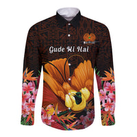 Gude Hi Hai Papua New Guinea Long Sleeve Button Shirt Motuan PNG Raggiana Bird of Paradise Tropical Vibes LT14 Unisex Black - Polynesian Pride