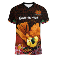 Gude Hi Hai Papua New Guinea Women V Neck T Shirt Motuan PNG Raggiana Bird of Paradise Tropical Vibes LT14 Female Black - Polynesian Pride