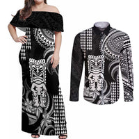 Hawaii Ku God Couples Matching Off Shoulder Maxi Dress and Long Sleeve Button Shirt Kakau Mix Polynesian Tattoo