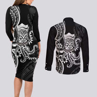 Black Hawaii Kanaloa God Couples Matching Long Sleeve Bodycon Dress and Long Sleeve Button Shirt Hawaiian Octopus LT14 - Polynesian Pride