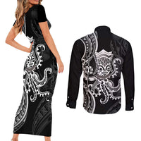 Black Hawaii Kanaloa God Couples Matching Short Sleeve Bodycon Dress and Long Sleeve Button Shirt Hawaiian Octopus LT14 - Polynesian Pride