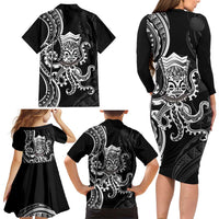 Black Hawaii Kanaloa God Family Matching Long Sleeve Bodycon Dress and Hawaiian Shirt Hawaiian Octopus LT14 - Polynesian Pride