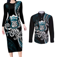 Turquoise Hawaii Kanaloa God Couples Matching Long Sleeve Bodycon Dress and Long Sleeve Button Shirt Hawaiian Octopus LT14 Turquoise - Polynesian Pride