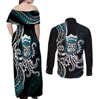 Turquoise Hawaii Kanaloa God Couples Matching Off Shoulder Maxi Dress and Long Sleeve Button Shirt Hawaiian Octopus LT14 - Polynesian Pride