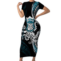 Turquoise Hawaii Kanaloa God Family Matching Short Sleeve Bodycon Dress and Hawaiian Shirt Hawaiian Octopus LT14 Mom's Dress Turquoise - Polynesian Pride