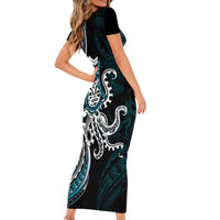 Turquoise Hawaii Kanaloa God Family Matching Short Sleeve Bodycon Dress and Hawaiian Shirt Hawaiian Octopus LT14 - Polynesian Pride