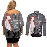 New Zealand ANZAC Day Couples Matching Off Shoulder Short Dress and Long Sleeve Button Shirt 25th April Silver Fern With Poppy