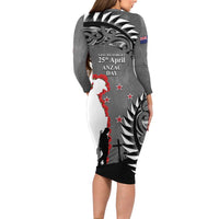 New Zealand ANZAC Day Long Sleeve Bodycon Dress 25th April Silver Fern With Poppy