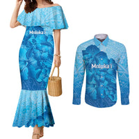 Aloha Hawaii Molokai Island Couples Matching Mermaid Dress and Long Sleeve Button Shirt Hibiscus Tribal Honu Hawaiian Tattoo