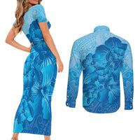 Aloha Hawaii Molokai Island Couples Matching Short Sleeve Bodycon Dress and Long Sleeve Button Shirt Hibiscus Tribal Honu Hawaiian Tattoo