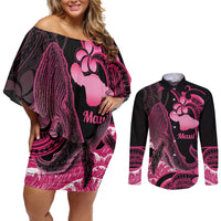 Aloha Hawaii Maui Couples Matching Off Shoulder Short Dress and Long Sleeve Button Shirt Valley Isle Humpback Whale Black