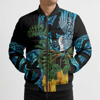Turquoise New Zealand Kowhai And Piwakawaka Bomber Puffer Jacket Maori Ngaru Paua Shell - Polynesian Pride