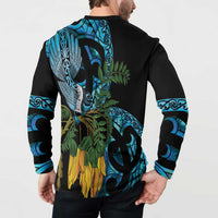 Turquoise New Zealand Kowhai And Piwakawaka Button Sweatshirt Maori Ngaru Paua Shell LT14 - Polynesian Pride