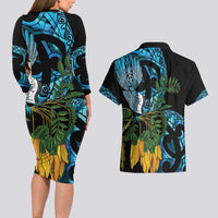 Turquoise New Zealand Kowhai And Piwakawaka Couples Matching Long Sleeve Bodycon Dress and Hawaiian Shirt Maori Ngaru Paua Shell