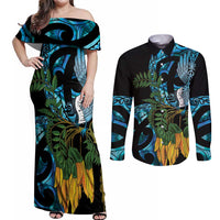 Turquoise New Zealand Kowhai And Piwakawaka Couples Matching Off Shoulder Maxi Dress and Long Sleeve Button Shirt Maori Ngaru Paua Shell