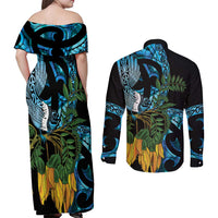 Turquoise New Zealand Kowhai And Piwakawaka Couples Matching Off Shoulder Maxi Dress and Long Sleeve Button Shirt Maori Ngaru Paua Shell