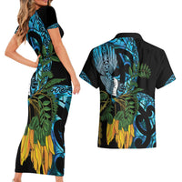 Turquoise New Zealand Kowhai And Piwakawaka Couples Matching Short Sleeve Bodycon Dress and Hawaiian Shirt Maori Ngaru Paua Shell