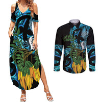 Turquoise New Zealand Kowhai And Piwakawaka Couples Matching Summer Maxi Dress and Long Sleeve Button Shirt Maori Ngaru Paua Shell