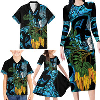 Turquoise New Zealand Kowhai And Piwakawaka Family Matching Long Sleeve Bodycon Dress and Hawaiian Shirt Maori Ngaru Paua Shell