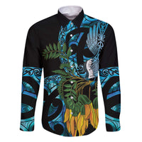 Turquoise New Zealand Kowhai And Piwakawaka Family Matching Off The Shoulder Long Sleeve Dress and Hawaiian Shirt Maori Ngaru Paua Shell