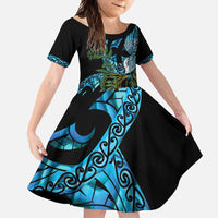 Turquoise New Zealand Kowhai And Piwakawaka Family Matching Summer Maxi Dress and Hawaiian Shirt Maori Ngaru Paua Shell