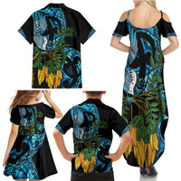 Turquoise New Zealand Kowhai And Piwakawaka Family Matching Summer Maxi Dress and Hawaiian Shirt Maori Ngaru Paua Shell
