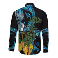Turquoise New Zealand Kowhai And Piwakawaka Long Sleeve Button Shirt Maori Ngaru Paua Shell