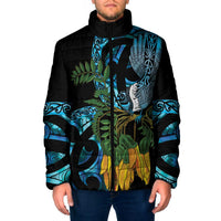 Turquoise New Zealand Kowhai And Piwakawaka Padded Jacket Maori Ngaru Paua Shell - Polynesian Pride