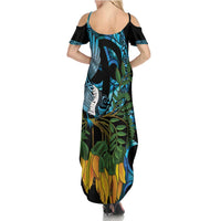 Turquoise New Zealand Kowhai And Piwakawaka Summer Maxi Dress Maori Ngaru Paua Shell