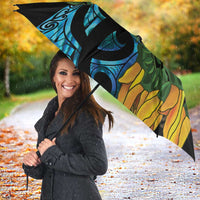 Turquoise New Zealand Kowhai And Piwakawaka Umbrella Maori Ngaru Paua Shell - Polynesian Pride