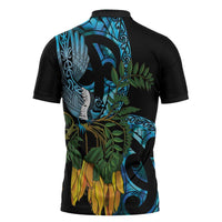 Turquoise New Zealand Kowhai And Piwakawaka Zipper Polo Shirt Maori Ngaru Paua Shell - Polynesian Pride