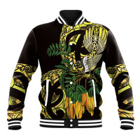 Yellow New Zealand Kowhai And Piwakawaka Baseball Jacket Maori Ngaru Paua Shell