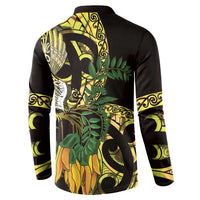 Yellow New Zealand Kowhai And Piwakawaka Button Sweatshirt Maori Ngaru Paua Shell