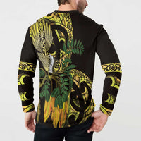 Yellow New Zealand Kowhai And Piwakawaka Button Sweatshirt Maori Ngaru Paua Shell