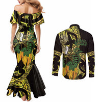 Yellow New Zealand Kowhai And Piwakawaka Couples Matching Mermaid Dress and Long Sleeve Button Shirt Maori Ngaru Paua Shell